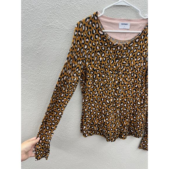 Old Navy Womens Cardigan Size Medium Brown Animal Print Button Up Long Sleeve - Picture 2 of 10